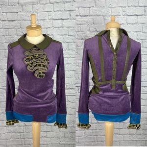 Nuvula Purple Velvet Tunic Leather Button Back Top Size S